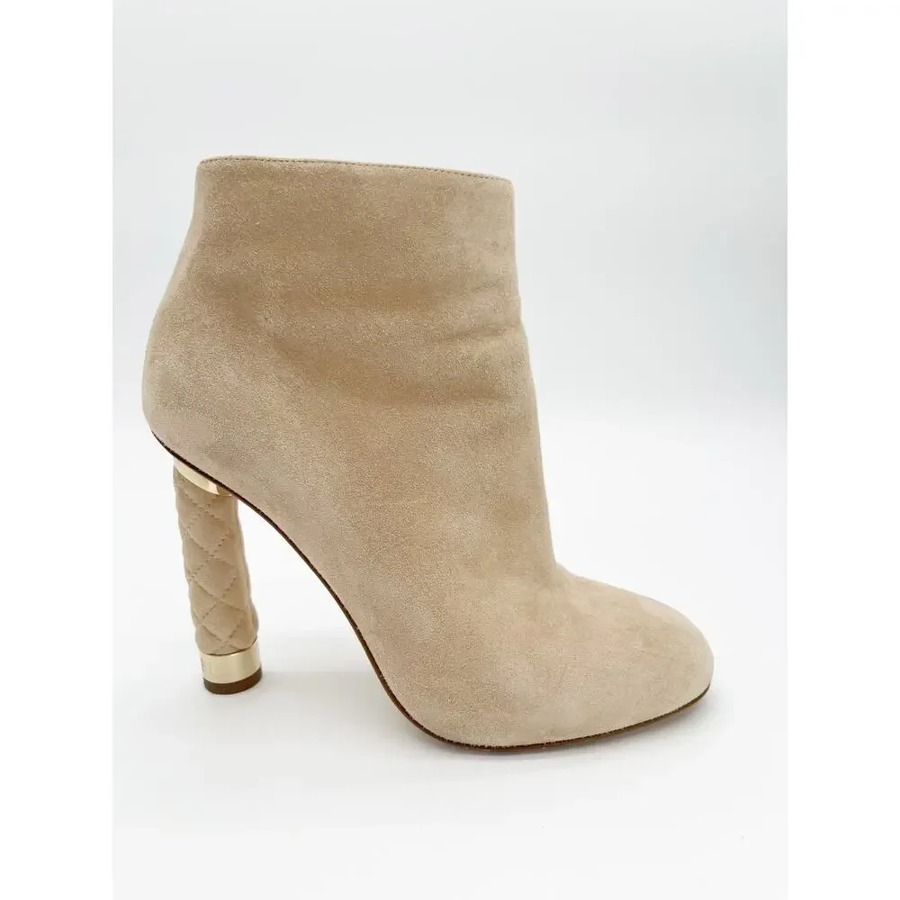 Chanel Coco Tower Beige Suede Quilted Logo Heel Round Toe Ankle Boots EU 37